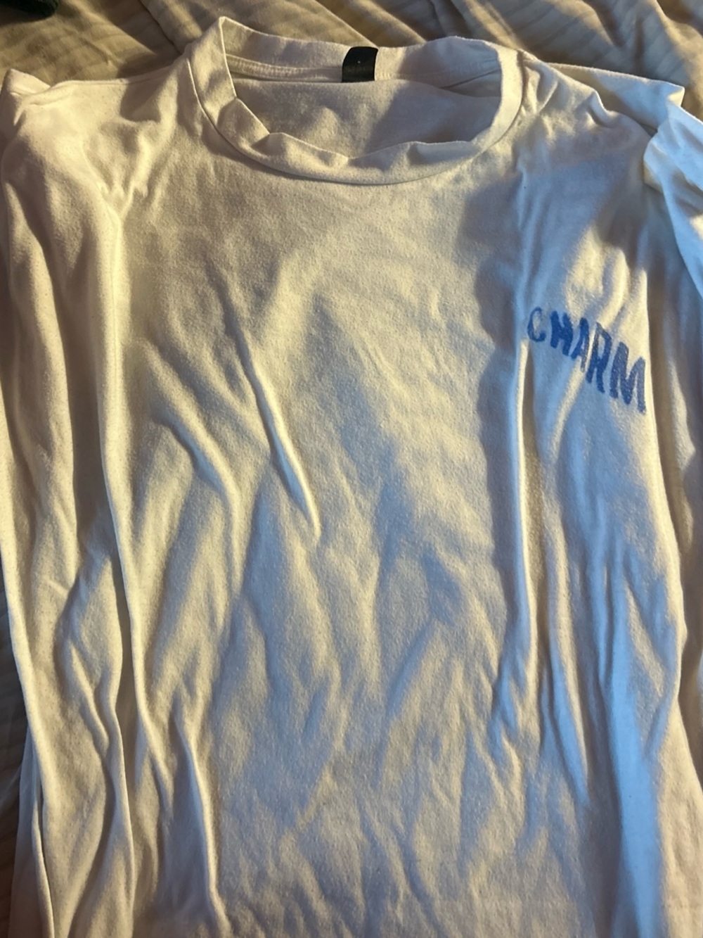 SHEIN White Short Sleeve Tee with Blue "CHARM" Print